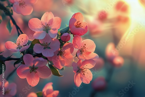 Pink Blossoms Bloom in Spring Sunlight Creating a Serene Atmosphere in a Gard...