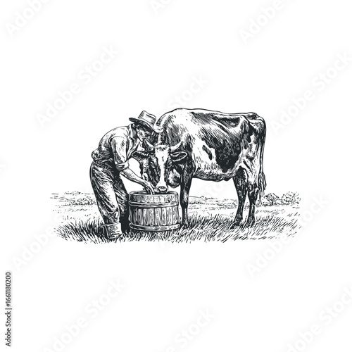 Farmer milks a cow into a wooden pail in a grassy field