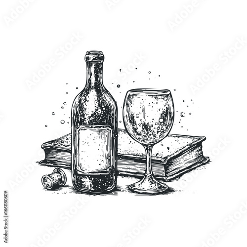 Sketch of wine bottle and glass with cork on book