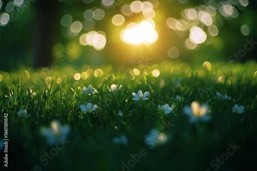 Sunlight Filtering Through Trees Highlights Dew-Covered Grass in a Serene Mor...