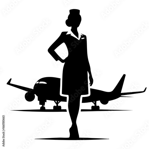 Airline stewardess standing confidently in front of airplane silhouette  