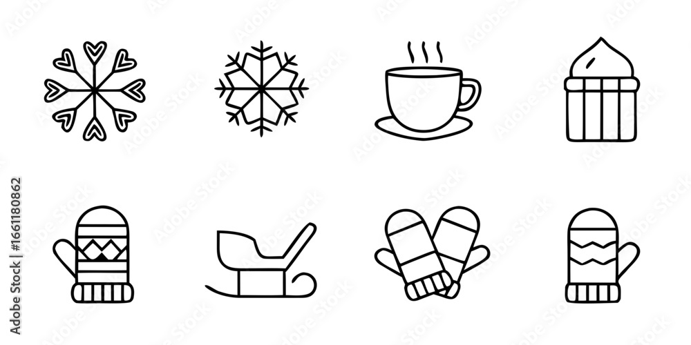Naklejka premium Winter-themed icons including mittens, snowflakes, and hot cocoa 