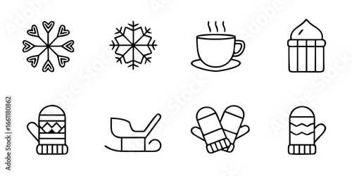 Winter-themed icons including mittens, snowflakes, and hot cocoa  