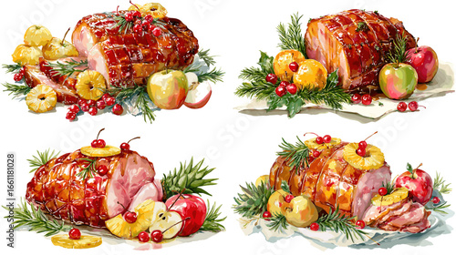 Watercolor illustration of glazed Christmas ham with pineapple, apples, and festive herbs. Perfect for holiday food design, restaurant menu, and winter celebration artwork.