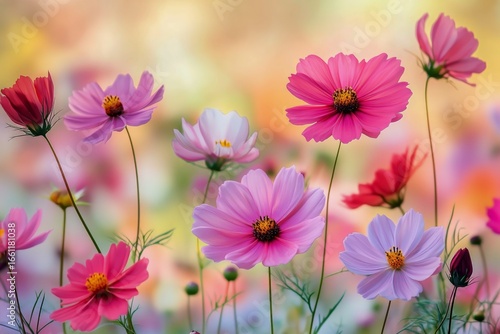 Colorful Cosmos Flowers Blooming in a Serene Garden During Late Afternoon Sun...