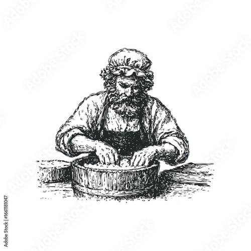 Man with beard and cap working with dough in wooden basin