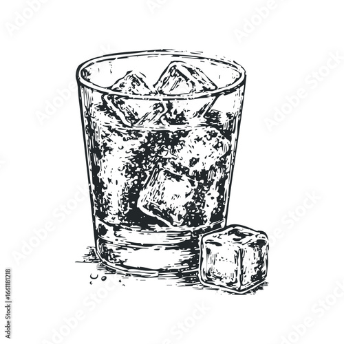 Glass of iced beverage with single cube on white background