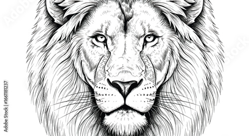 Detailed black and white illustration of a majestic lion's head with a full mane, facing forward, showcasing intricate line art.