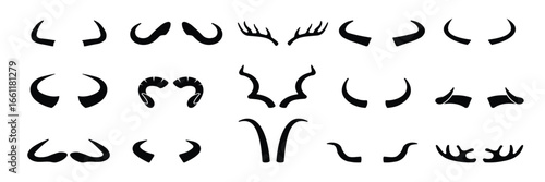 Set of different animal horn silhouettes on white background 