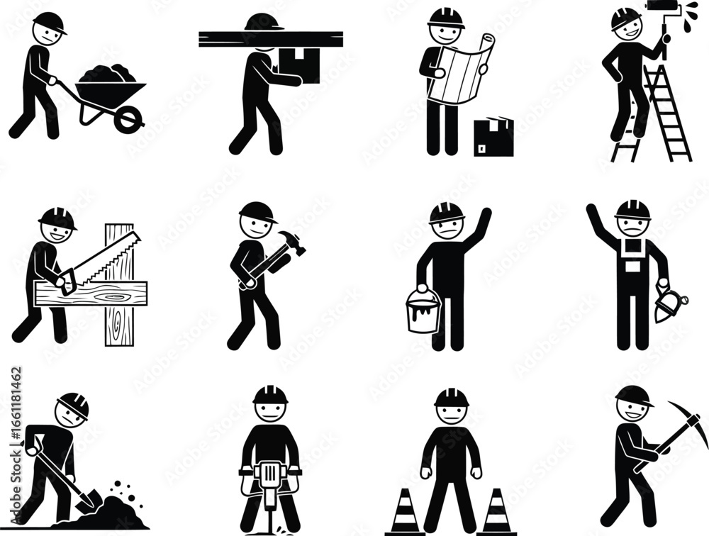 Obraz premium Collection of diverse construction workers performing various manual labor tasks and using tools on a white background