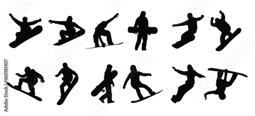 Set of illustrations of snowboarding silhouettes