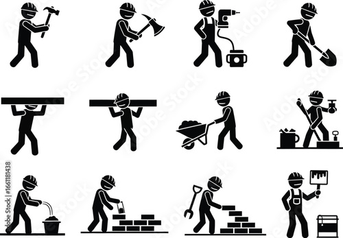 Collection of silhouette construction workers performing various manual labor tasks with tools and equipment on white background