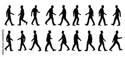 Set of illustrations of walking man silhouettes side view