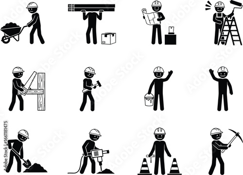 Collection of stylized stick figure construction workers engaged in various building and labor tasks on a white background