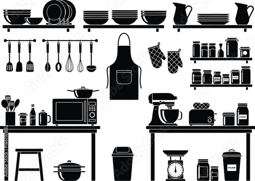 A collection of kitchen utensils and appliances displayed on shelves and tables in a silhouette style illustration