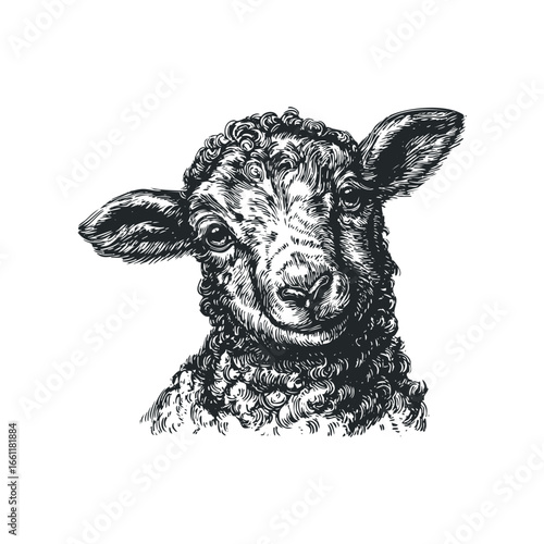 Detailed black and white sketch of a young lamb's head and shoulders
