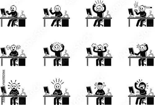 Collection of cartoon illustrations depicting various human emotions and reactions while working at a computer desk