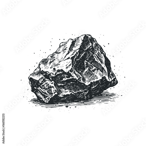 Detailed sketch of a rugged stone with hatched shading on white background