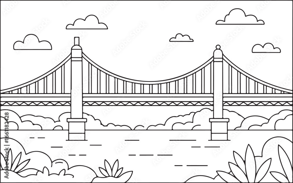 Fototapeta premium Scenic Outdoor Bridge Illustration with Water, Clouds, and Sun, Hand-drawn Architecture Art