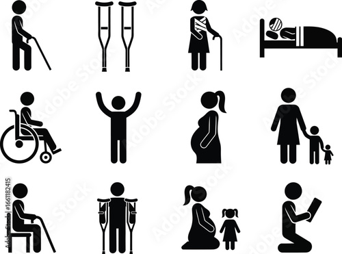 Collection of diverse human figures representing various life stages and health conditions including elderly pregnant disabled and children in a simple icon set