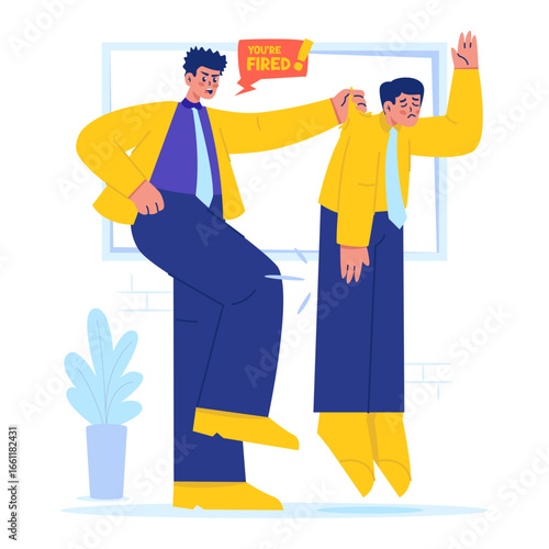 Angry boss kicked out fired male employee vector illustration