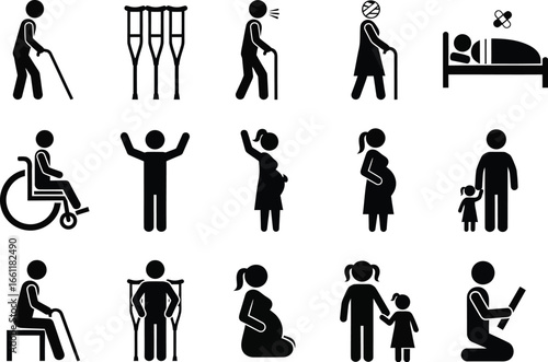 Diverse collection of human figures representing various life stages and health conditions including disability and pregnancy