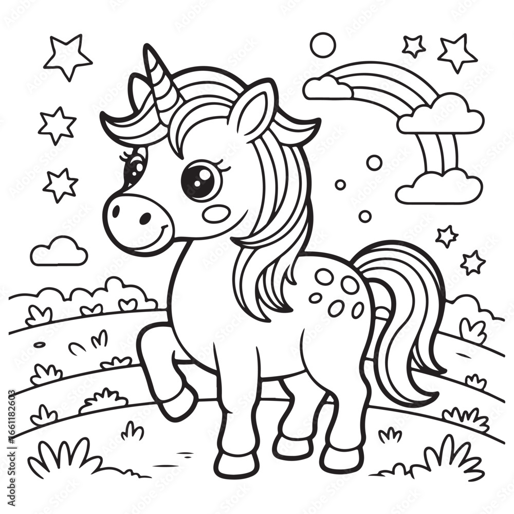 Fototapeta Happy Unicorn with Rainbow and Clouds - Kids' Magical Creature Art