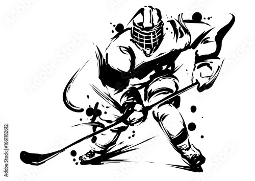 Photography Ice Hockey Player in Action – Dynamic Sumi-e Ink Wash Painting