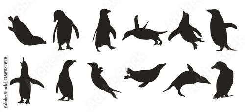 Set of penguin animal silhouettes of various styles