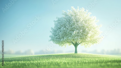 Wallpaper Mural A green tree with white leaves, simple background, 3D cartoon style, solid color background, cute shape, green grassy field under the base of the tree Torontodigital.ca
