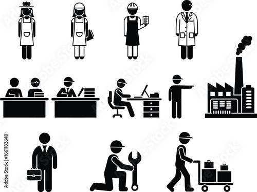 Collection of diverse professional occupations and industrial symbols representing various careers and the world of work