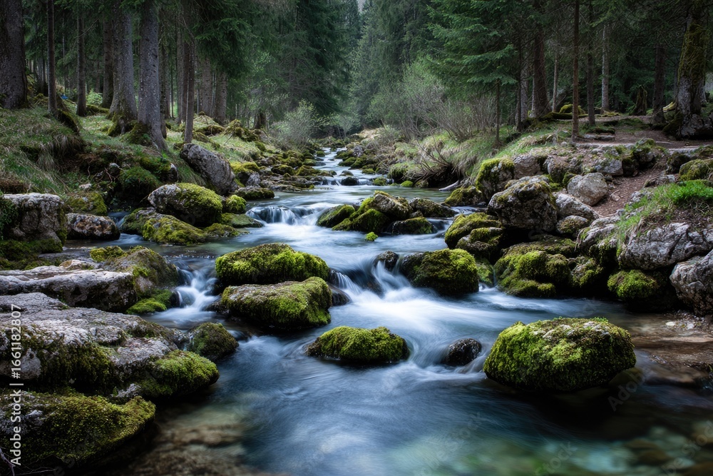 Fototapeta premium Mountain stream, mossy rocks, lush forest