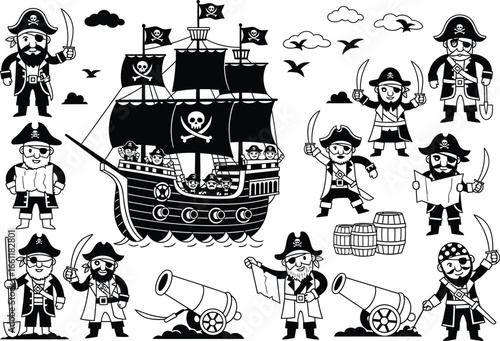 Collection of cartoon pirate characters and a pirate ship with cannons and flags creating a fun and adventurous scene