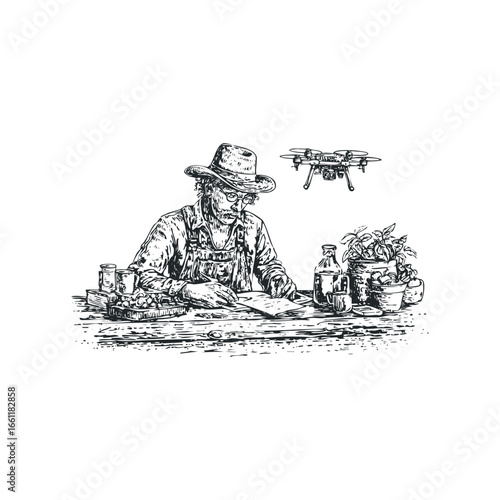 Farmer examines aerial drone technology while planning agricultural tasks outdoors.