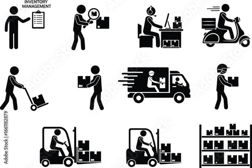 Collection of simple black and white icons depicting various stages of package delivery and logistics processes