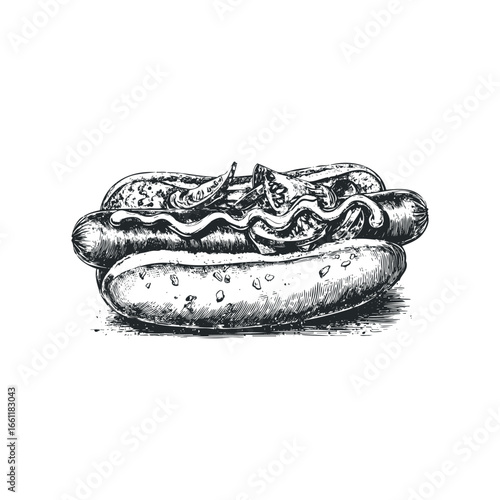 Detailed sketch of a hot dog with mustard and relish on a white background