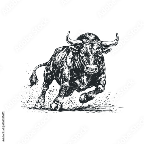 Powerful bull charging forward with hooves kicking up dust and water