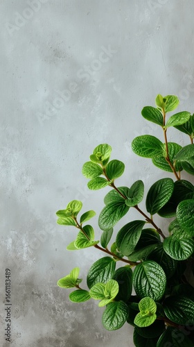 Vibrant Green Leaves Branch Against a Textured Gray Background in a Serene In...