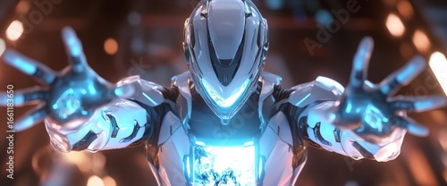 A futuristic robot with white and blue colors, hands open in front of it, displaying holographic images on its chest