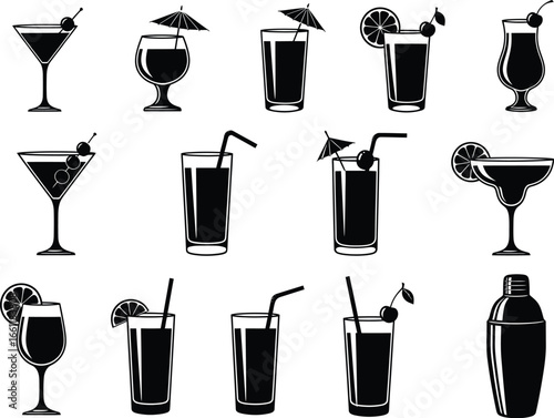 Collection of silhouetted cocktail glasses and drinks with garnishes and ice on a white background
