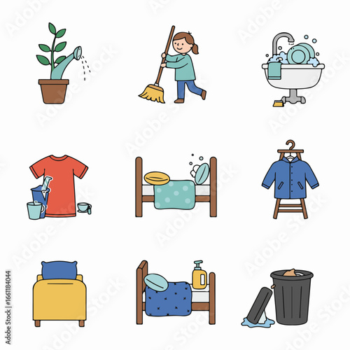 Collection of Household Chores and Daily Routine Doodle Icons: Illustrating Home Cleaning, Laundry, Gardening, and Domestic Tasks.