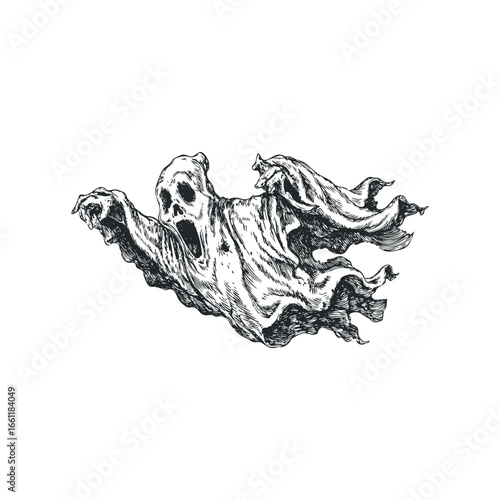 Scary Ghost floating with open mouth and skeletal hands in monochrome sketch