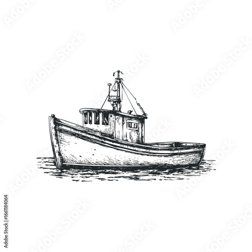 Hand Drawn Sketch of a Fishing Trawler on Calm Water