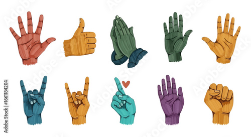 Diverse hand gestures expressing various emotions and concepts in vibrant, artistic style