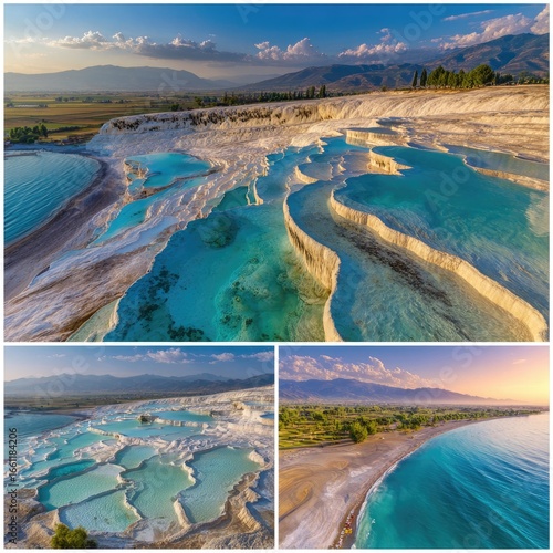 Fototapeta Naklejka Na Ścianę i Meble -  Stunning view of white travertine terraces, turquoise pools, and scenic coast at sunset