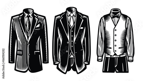 Vector art of a black and white illustration of three different formal menswear suits.