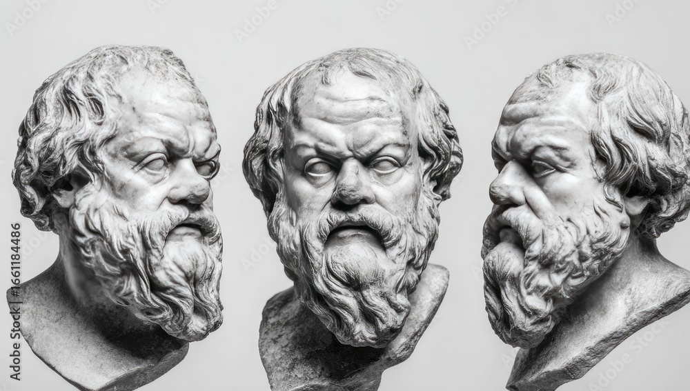 Obraz premium Three Grecian philosopher busts, carved in marble, serene expressions