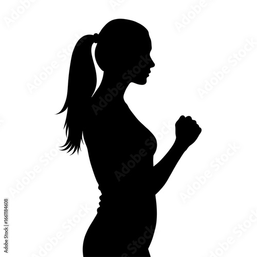 Silhouette of Focused Woman: A black silhouette of a woman in profile, hands clasped together, evokes introspection, thought, determination and represents strength and inner resolve.