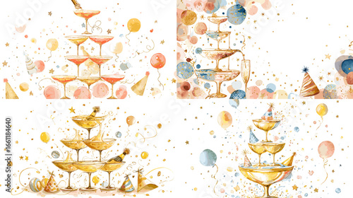 Elegant watercolor illustration of champagne glasses stacked in a pyramid for celebration party. Perfect for New Year, wedding, or luxury event design and festive invitation artwork.