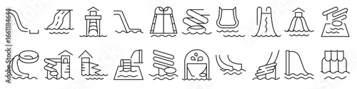 Water Slide Icon Set for UI, Placards, Books, Apps. Editable Stroke. Perfect for Web Sites, Books, Cards, Apps